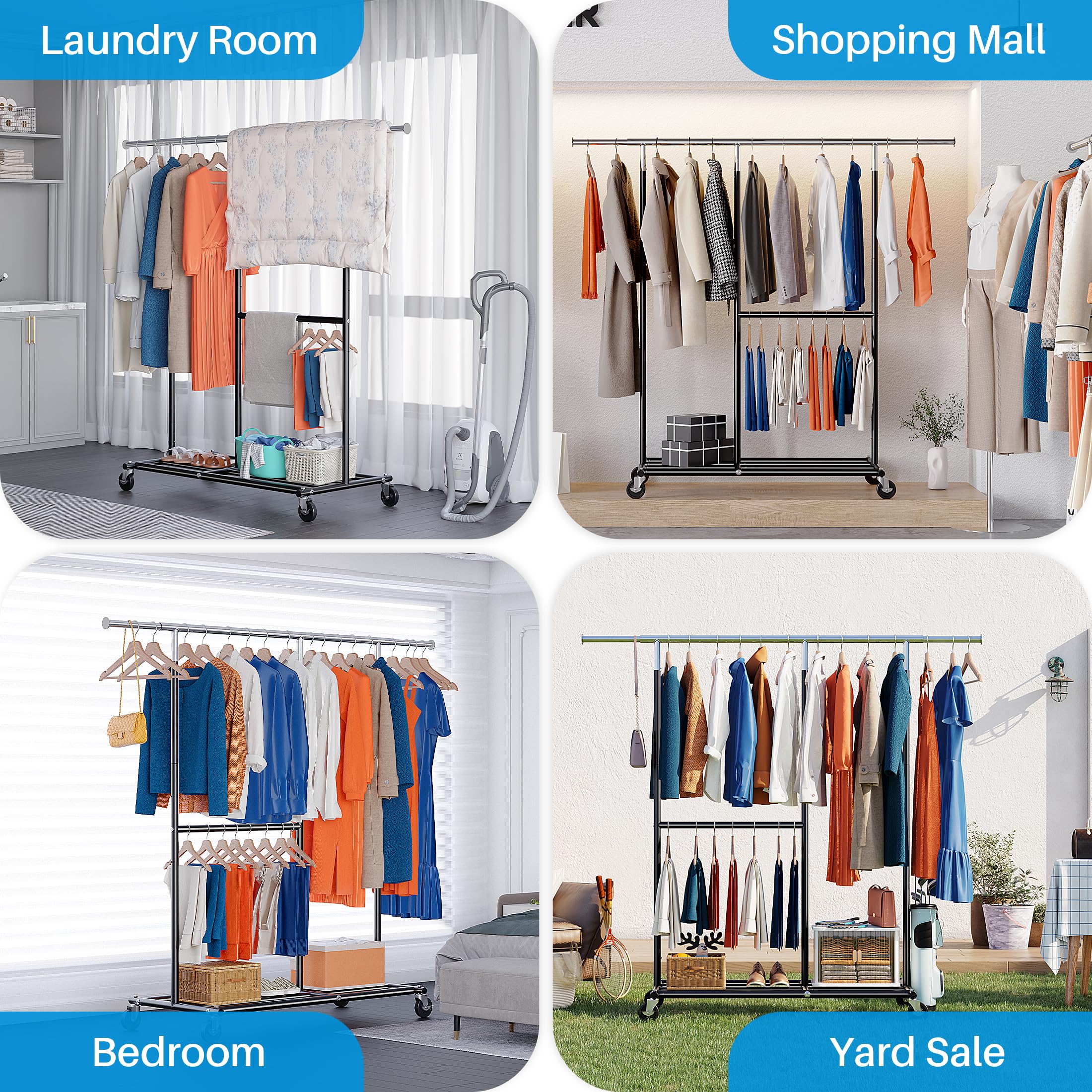 HOKEEPER Heavy Duty Clothes Rail, Sturdy 150KG Rack with Hanging Clothing Rack, Clothing Garment Rack with Storage ShelvesFreestanding Rails for