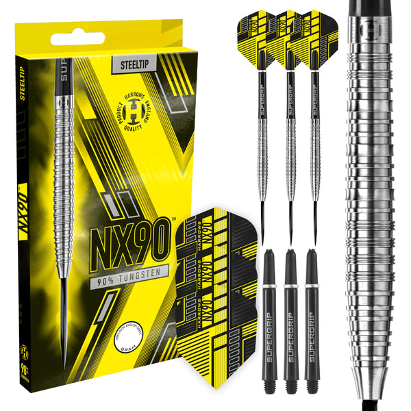 Harrows NX90 90% Tungsten Steel Tip Darts Set 21g, 22g, 23g, 24g, 25g & 26g - Includes Black Supergrip Midi Shafts & Micron NX90 Flights (22g)