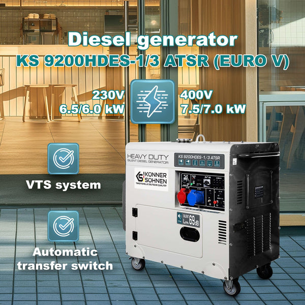 KS 9300DE-1/3 ATSR, diesel emergency generator 7500 W (400 V) / 6500 W (230 V), VTS phase switching system, diesel power generator EURO 5, LED display, air preheater, ATS connection
