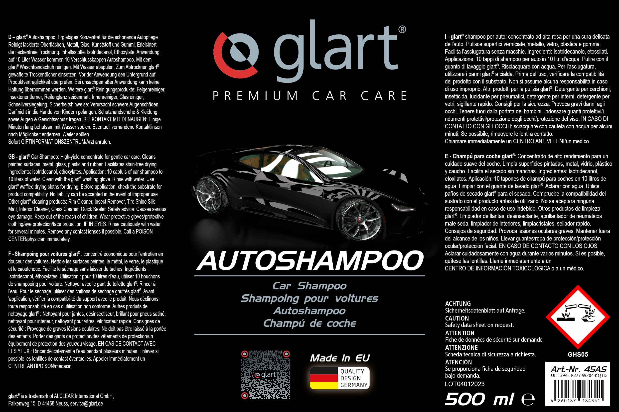 Glart Premium Invisible Car Glass Cleaner 500ml, for Windows, Rain, Glass Polish, Screen Wash