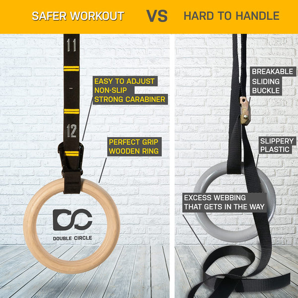 Double Circle Wood Gymnastic Rings with Quick Adjust Numbered Straps and Exercise Videos Guide for Full Body Workout, Calisthenics, and Home Gym
