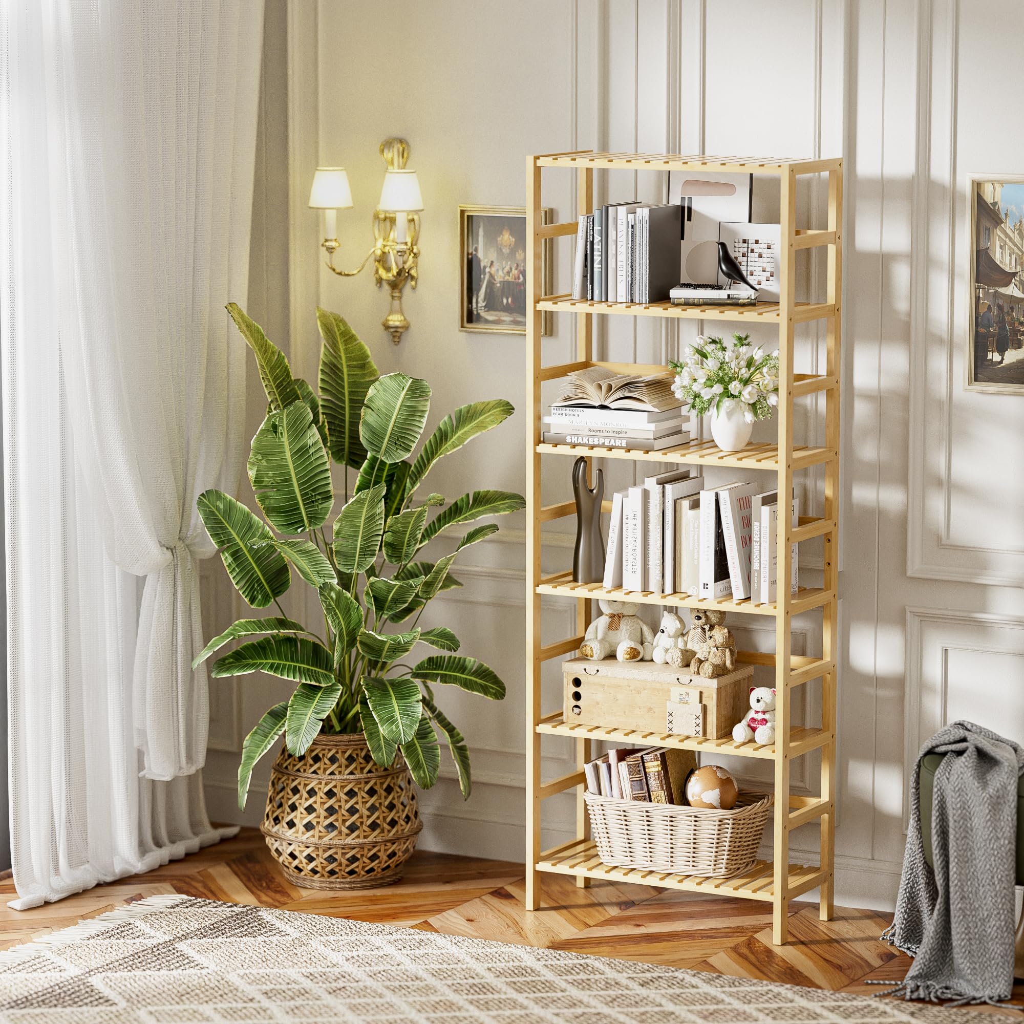 HITNET Bamboo Shelf, 6-Tier Adjustable Tall Open Bookcase, Bathroom Storage Rack Freestanding Shelving Unit, Plant Display Stand for Small Space,