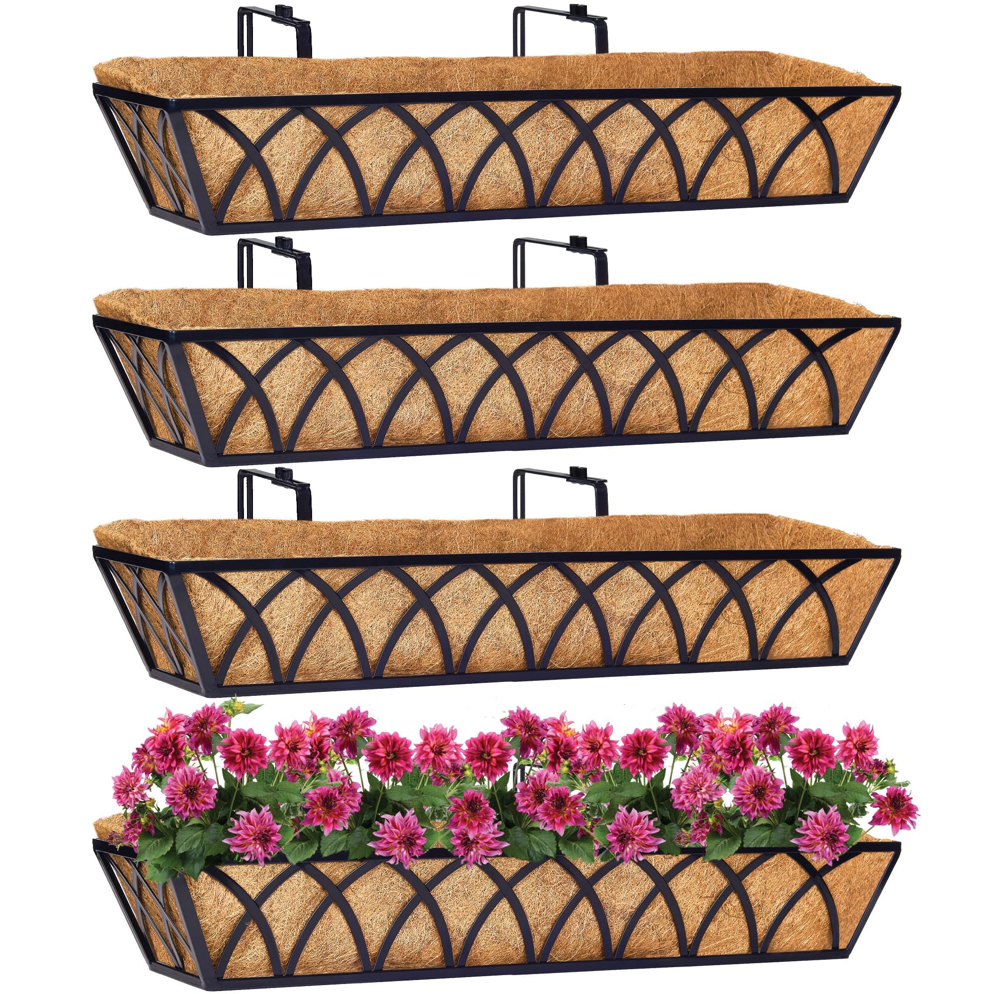 HFHOME 4Pcs 30"/76.2cm Wall Trough Rail Planters, Large Hanging Flower Baskets with Coco Liner and Adjustable Brackets, Metal Railing Planter Box for