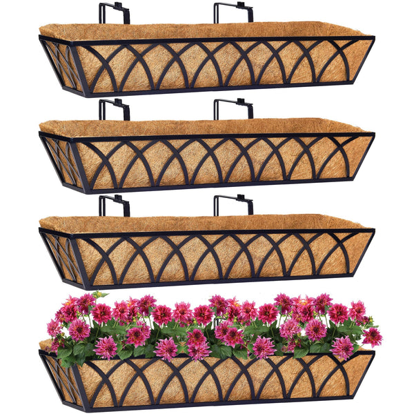 HFHOME 4Pcs 30"/76.2cm Wall Trough Rail Planters, Large Hanging Flower Baskets with Coco Liner and Adjustable Brackets, Metal Railing Planter Box for