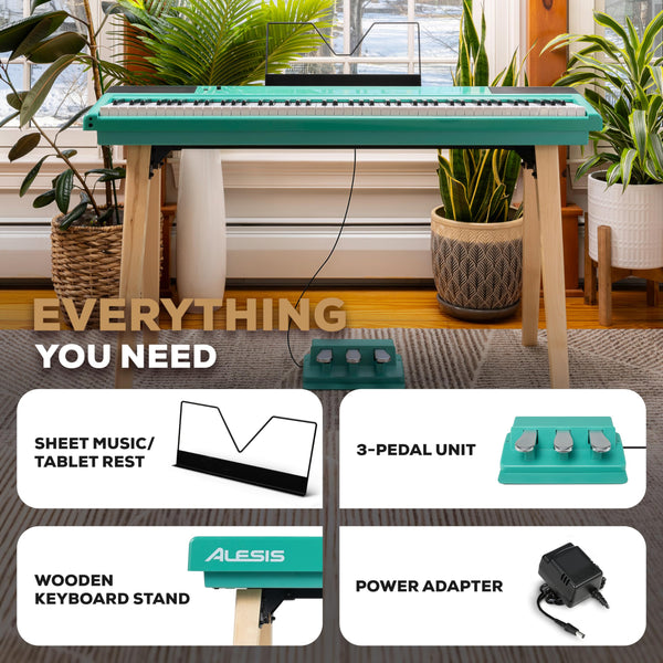 Alesis Recital Home Digital Piano with 88 Hammer Action Weighted Keys, Stand, Pedals and Lessons, Turquoise