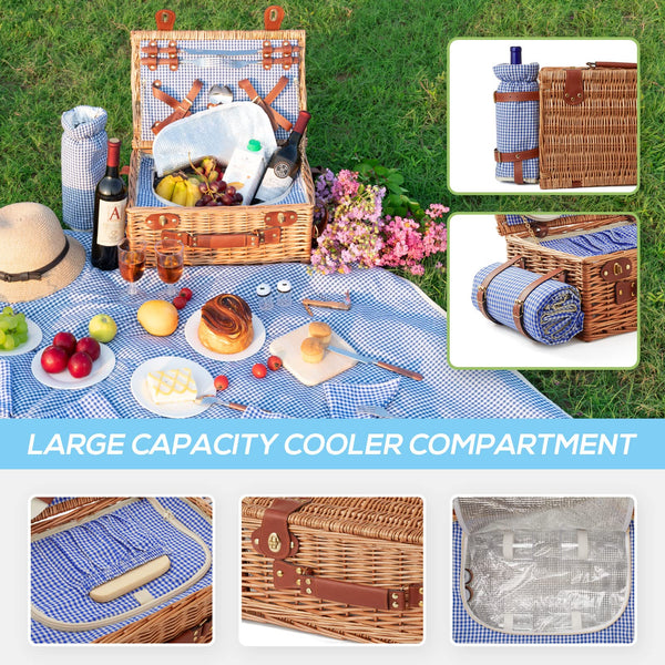 DHAEE Wicker Picnic Basket Set for 4 Person with Cooler Compartment and Waterproof Picnic Blanket,Removable Strap,Wine Bag,Cutlery Set,for Camping,Day