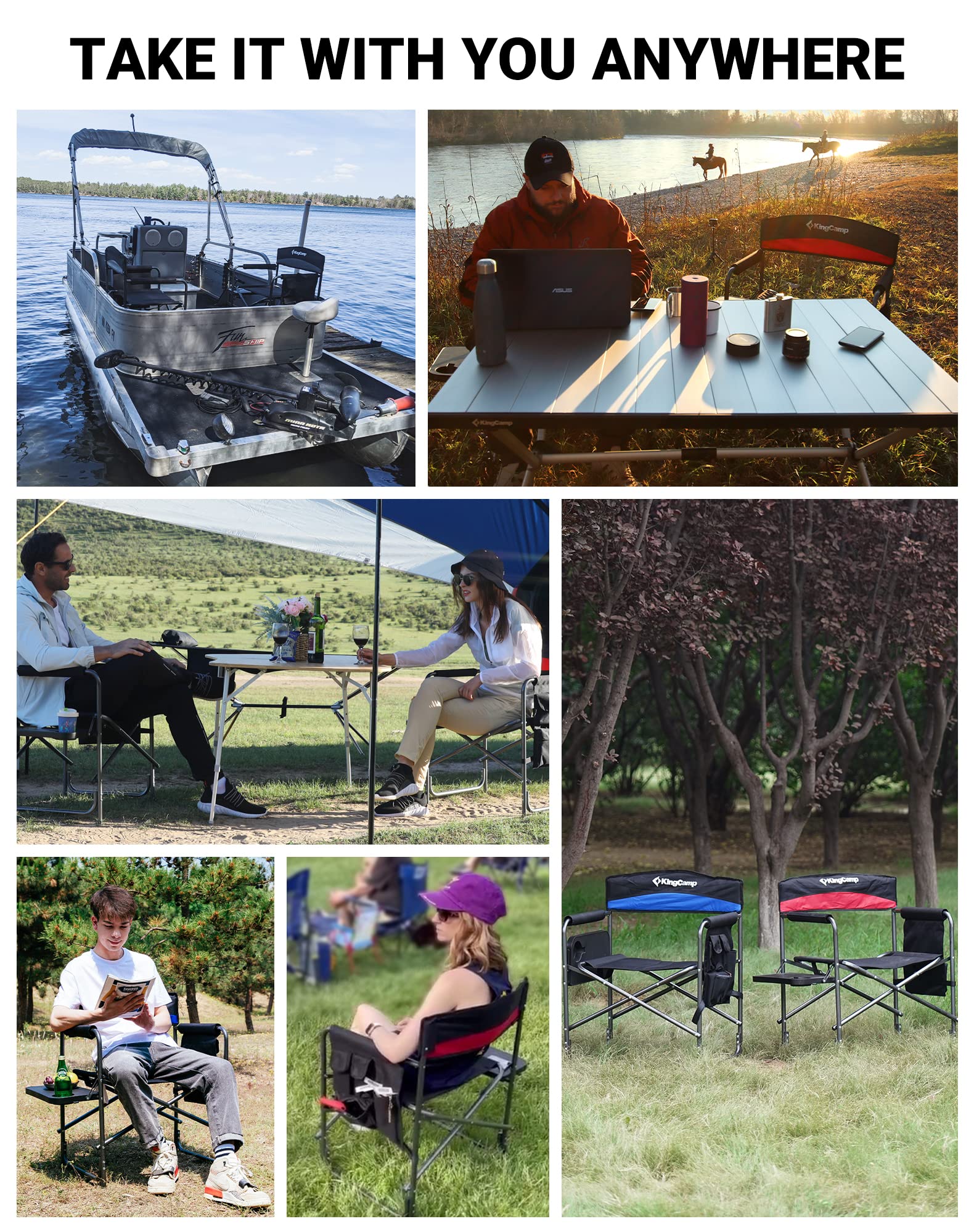 KingCamp Folding Camping Chairs for Adluts Heavy Duty Directors Chair with Cooler Bag and Side Table Support up to 150KG