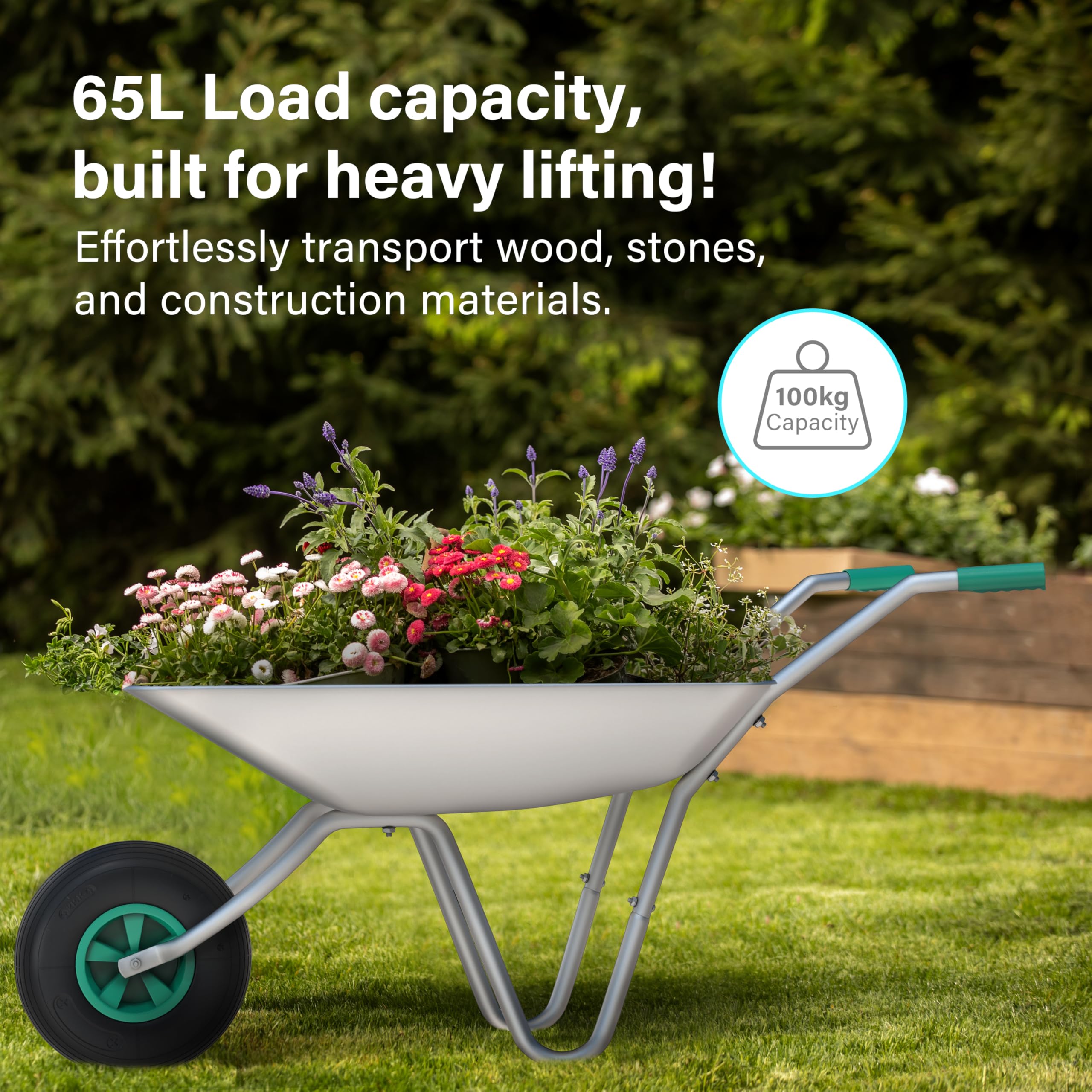 65L Wheelbarrow Home Garden, Heavy Duty Cart Galvanised Wheel Barrow with Pneumatic Tyre 100KG Load-Bear, Strong Large Transport Trolley Handcart, Suitable for Garden Work