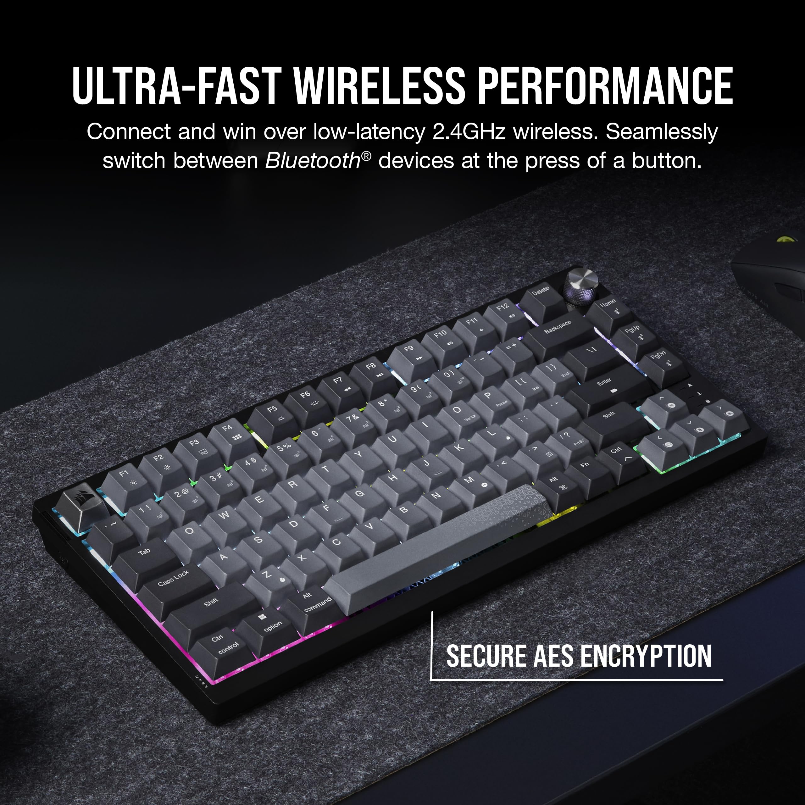 Corsair K65 PLUS WIRELESS 75% RGB Hot-Swappable Mechanical Gaming Keyboard – Pre-Lubricated MLX Fusion Tactile Switches – Dual-Layer Sound Dampening – PBT Keycaps – QWERTY UK – Black