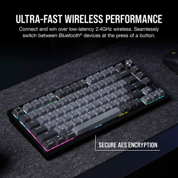 Corsair K65 PLUS WIRELESS 75% RGB Hot-Swappable Mechanical Gaming Keyboard – Pre-Lubricated MLX Fusion Tactile Switches – Dual-Layer Sound Dampening – PBT Keycaps – QWERTY UK – Black