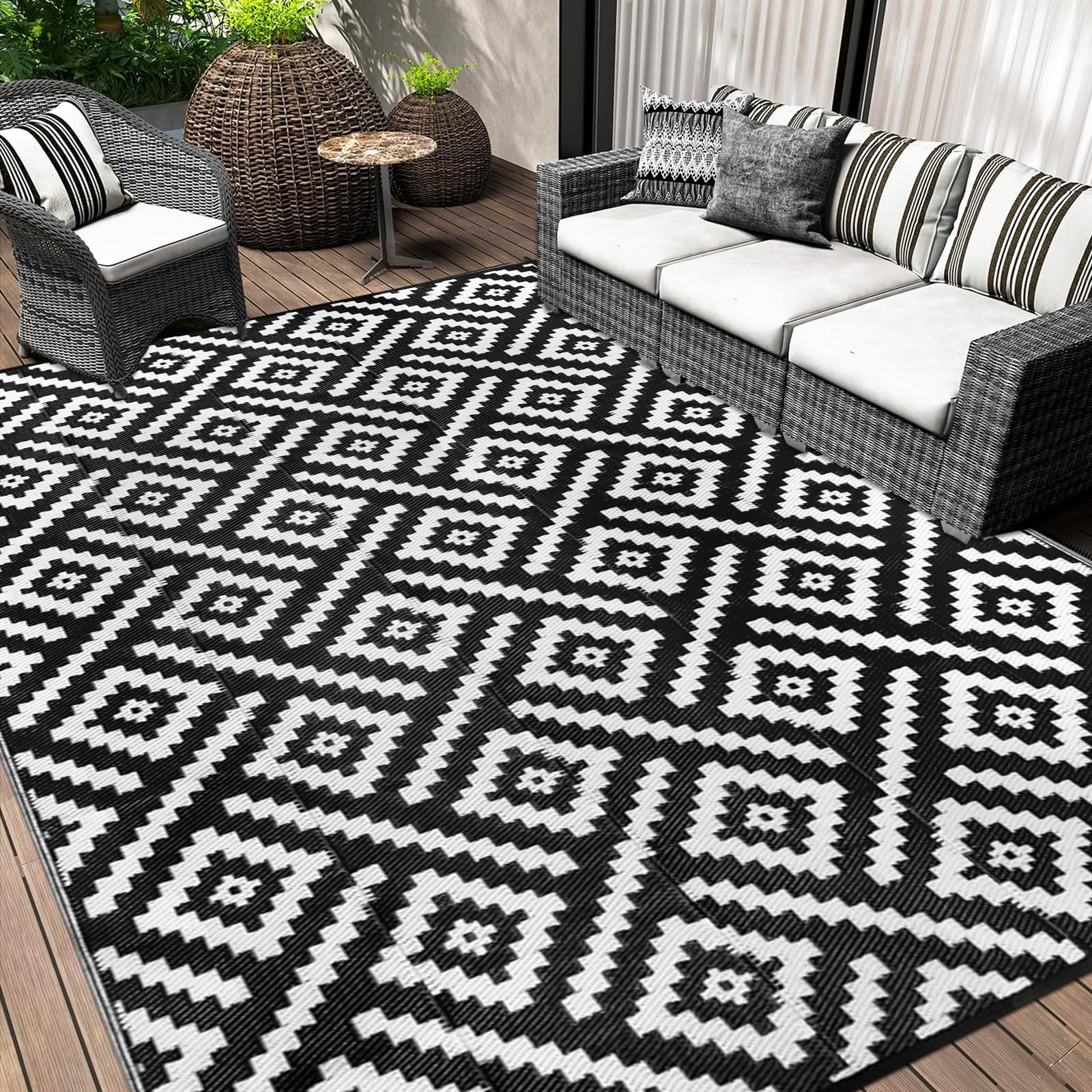 Cekene Large Outdoor Rug Waterproof Black 245x305cm Patio Rugs Reversible RV Camping Mat Lightweight Plastic Portable Outdoor Carpet for Picnic Porch Deck Backyard BBQ Beach