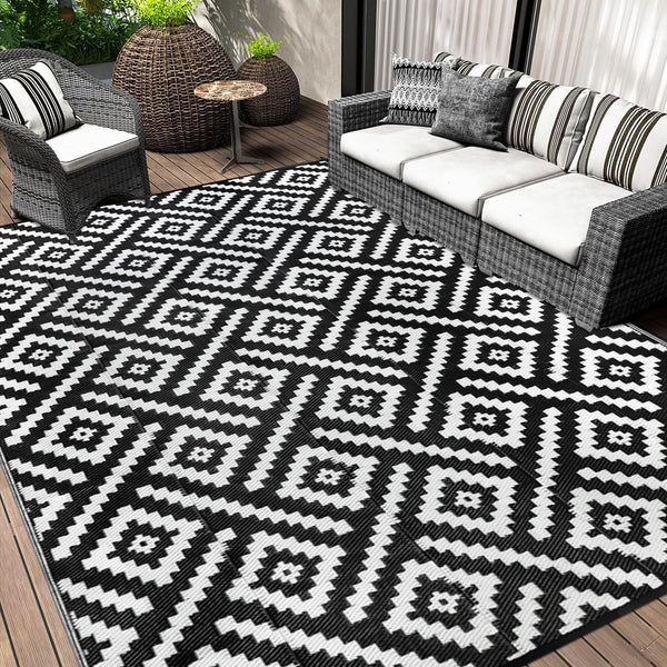 Cekene Large Outdoor Rug Waterproof Black 245x305cm Patio Rugs Reversible RV Camping Mat Lightweight Plastic Portable Outdoor Carpet for Picnic Porch Deck Backyard BBQ Beach