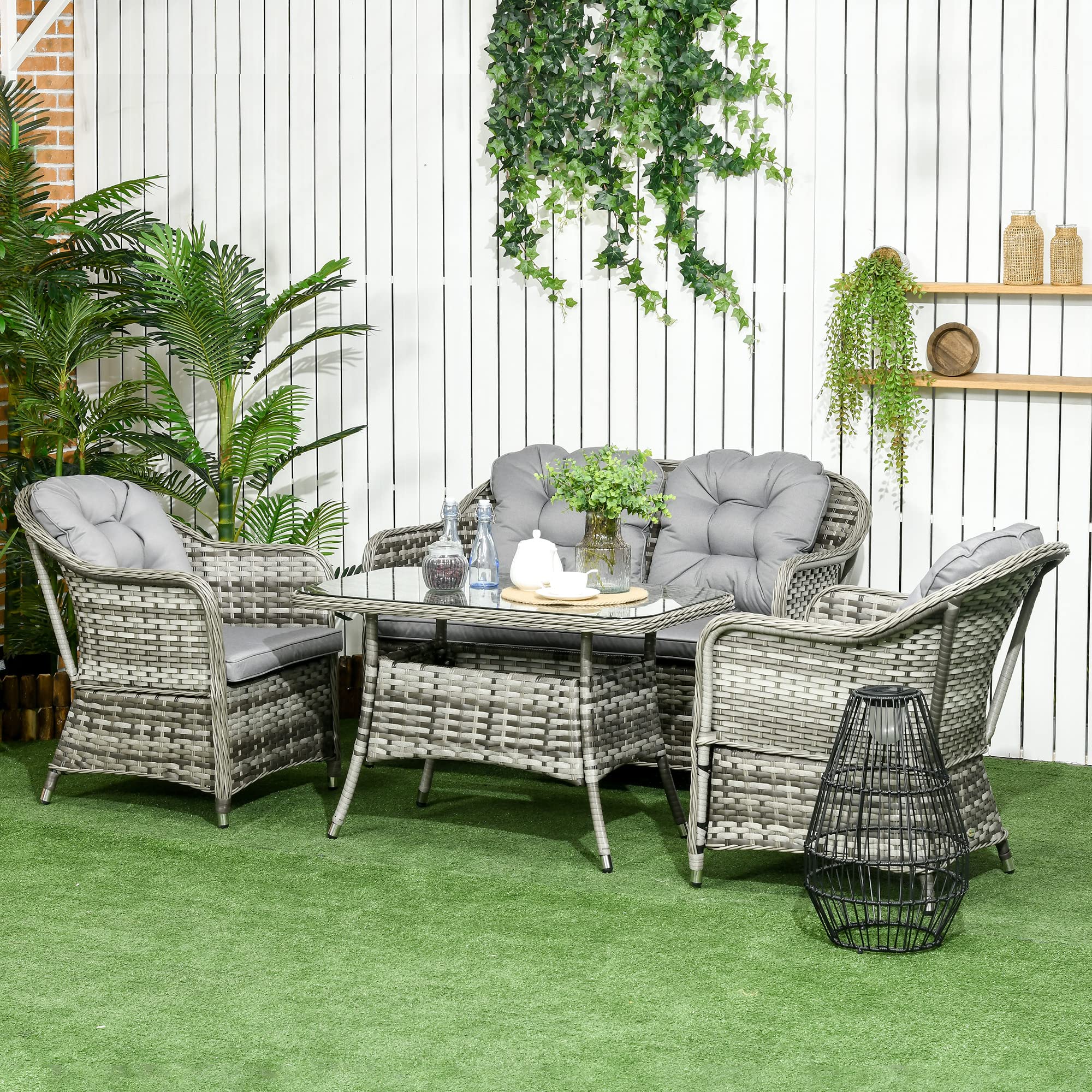 Outsunny 4 Pieces Rattan Garden Furniture Set, Round Wicker Garden Sofa Set with Loveseat, Armchairs and Glass Top Table, Outdoor Conservatory Furniture with Cushions for Patio, Balcony, Light Grey