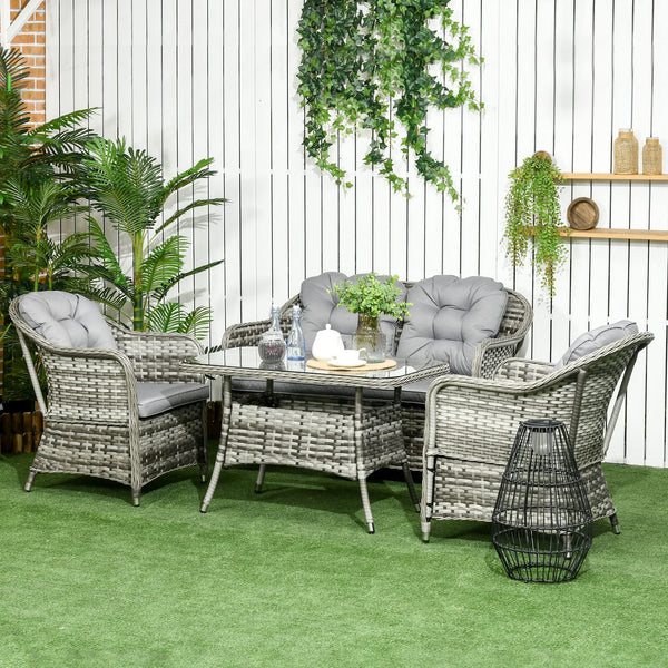 Outsunny 4 Pieces Rattan Garden Furniture Set, Round Wicker Garden Sofa Set with Loveseat, Armchairs and Glass Top Table, Outdoor Conservatory Furniture with Cushions for Patio, Balcony, Light Grey