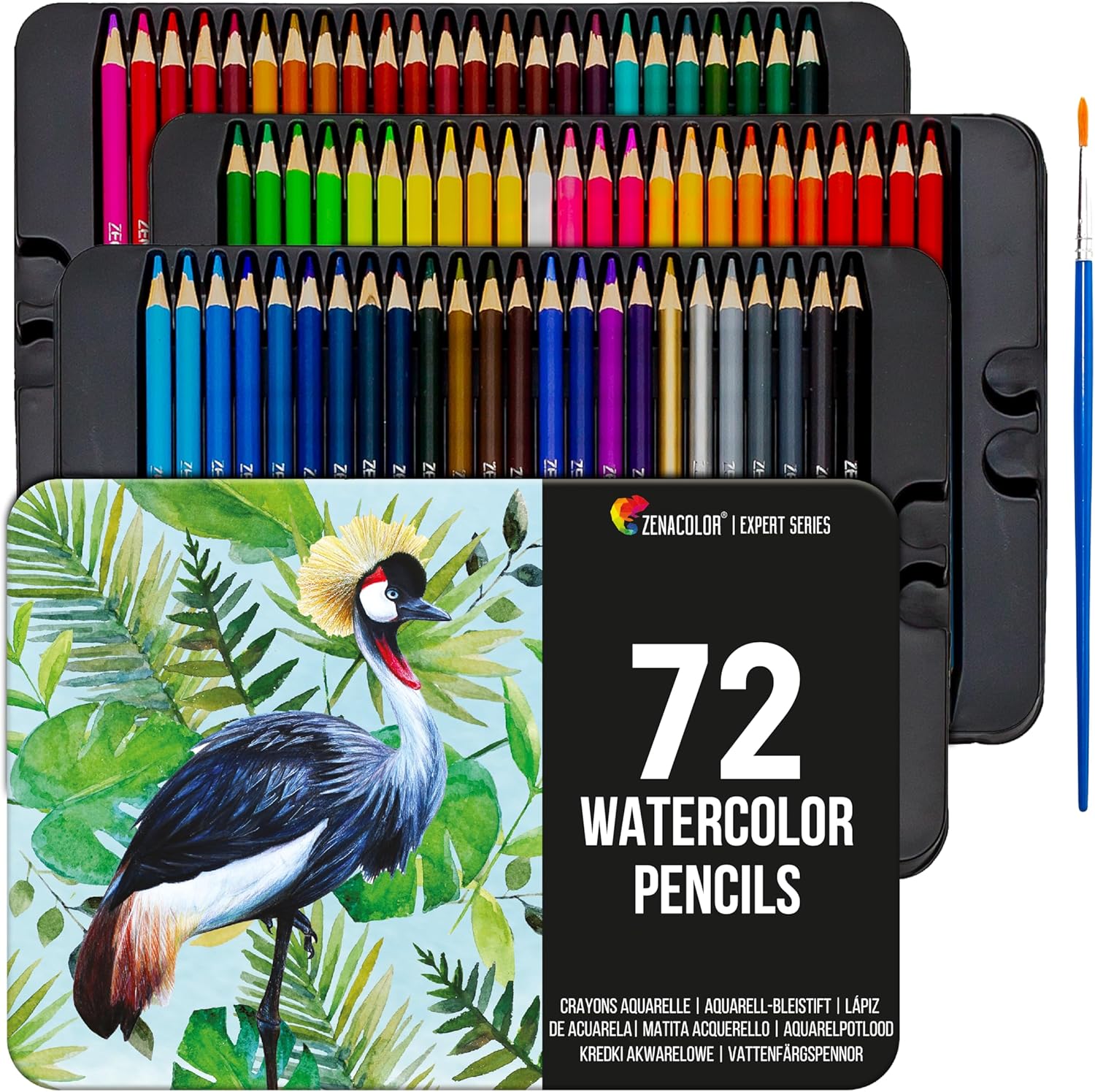 72 Professional Watercolour Pencils with a Brush in Metal Box - Set of 72 Unique Numbered Watercolor Pencils for Artists and Adult Coloring