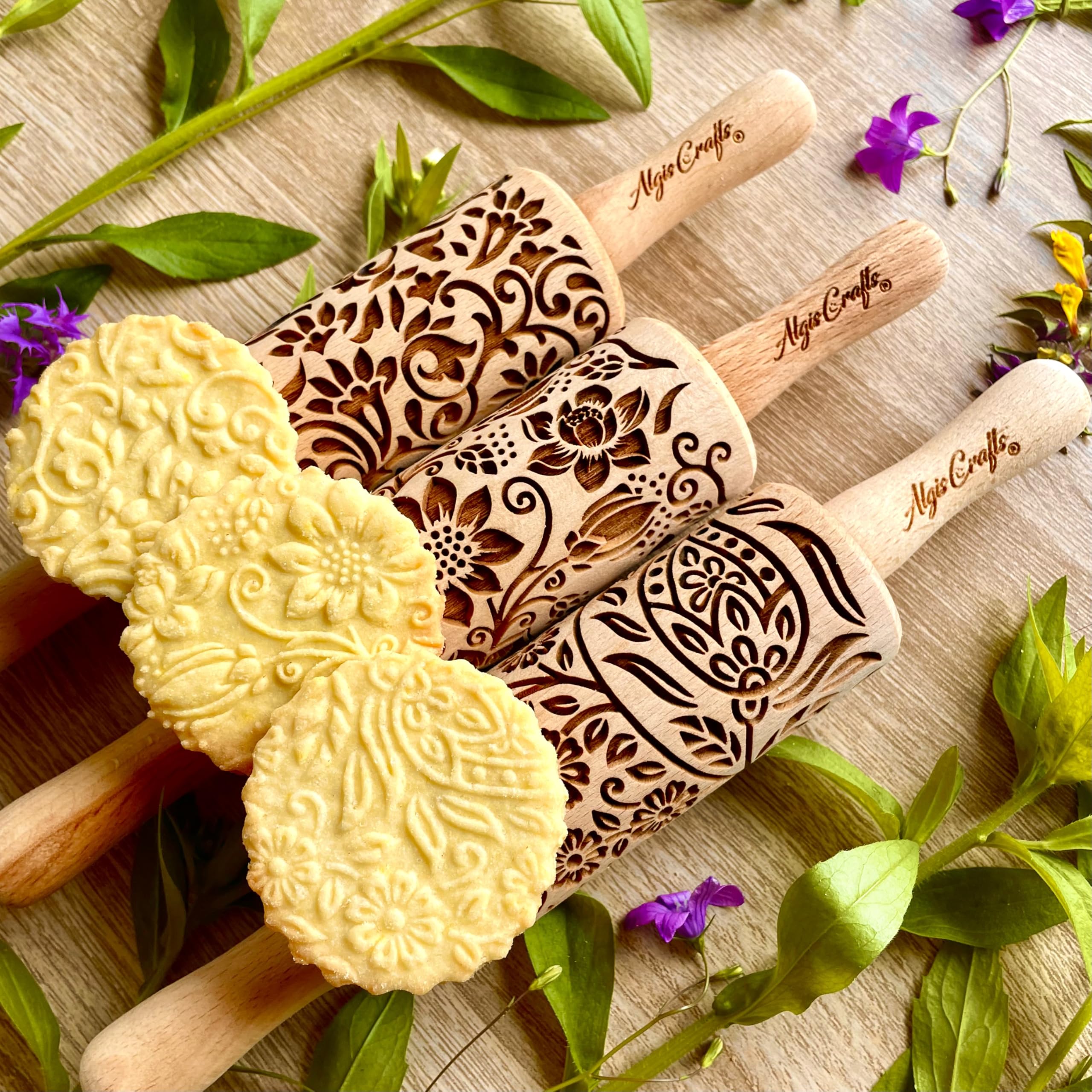 FLORET 3 Kid Rolling Pin Set with Lotus, Kashmir, Paisley, Flowering Vine, Lily Flowers Patterns. Wooden Laser Cut Mini Rolling Pins for Cookies, Play