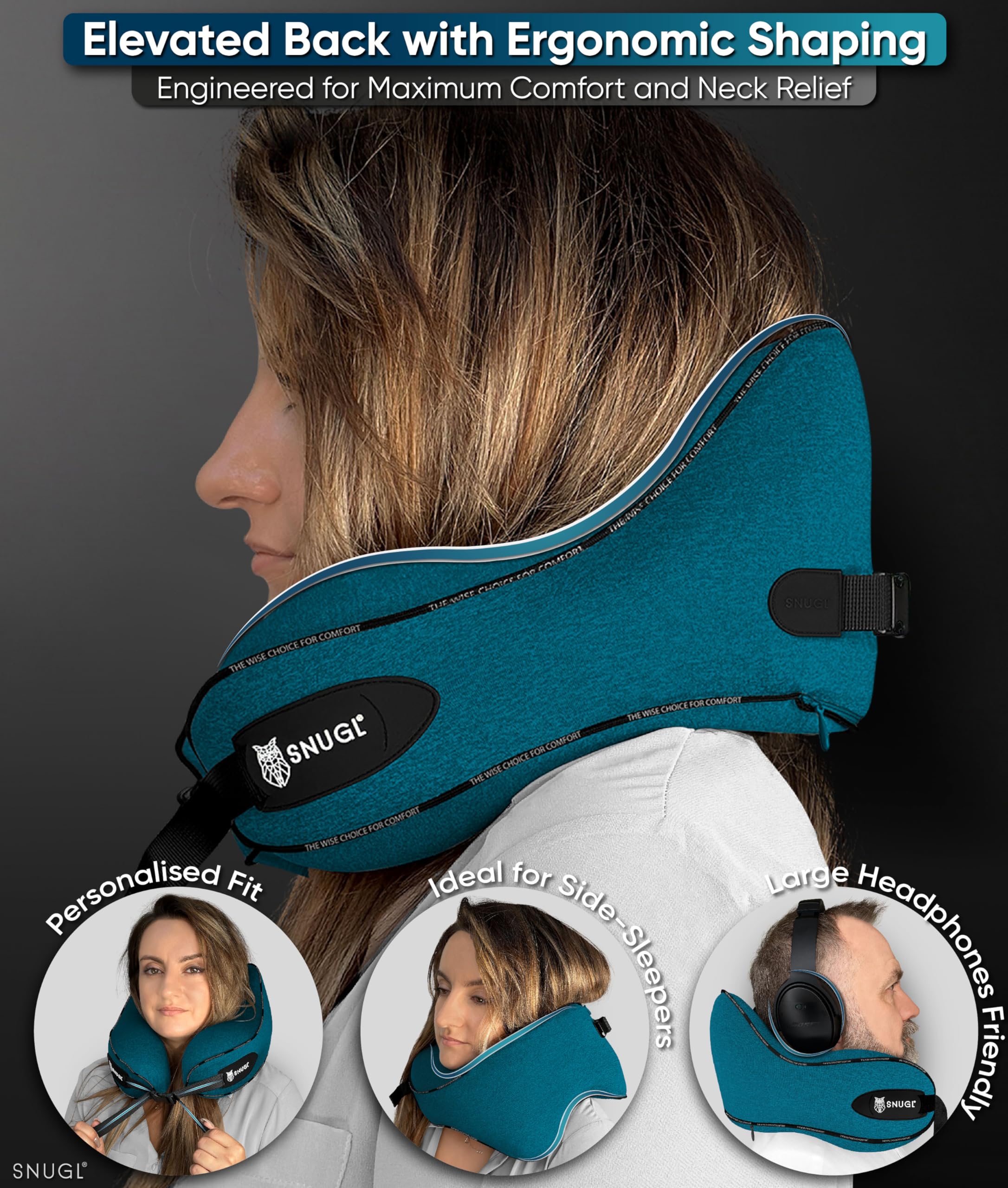 SNUGL Travel Pillow – Memory Foam Neck Pillow for Travel – Support Cushion for Airplane with Carry Bag & Clip - Holiday Essentials (Black - Adult Regular)