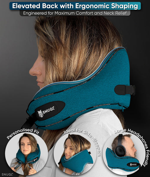 SNUGL Travel Pillow – Memory Foam Neck Pillow for Travel – Support Cushion for Airplane with Carry Bag & Clip - Holiday Essentials (Black - Adult Regular)