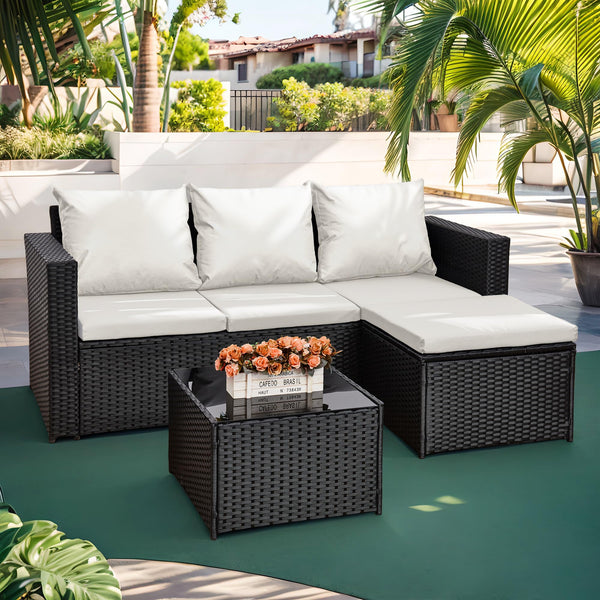 AOUXIN 3 Pieces Rattan garden furniture Patio Furniture Sets All Weather Outdoor Sectional Patio Sofa Manual Weaving Wicker Rattan Corner Sofa with Grey Cushions and Glass Table