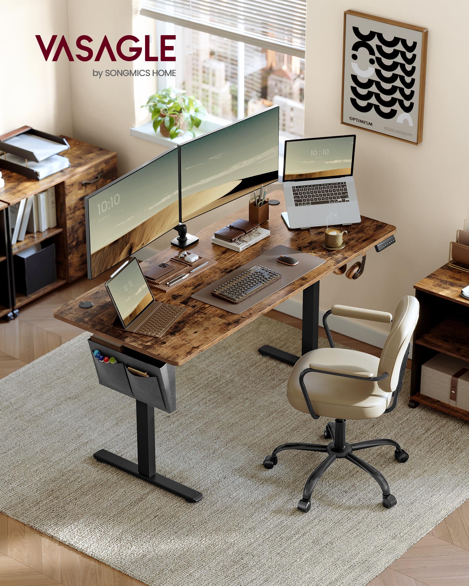 VASAGLE Electric Standing Desk, Height Adjustable Desk, 60 x 140 x (72-120) cm, 4 Memory Heights, Storage Pocket, for Home Office, Study, Rustic Brown and Ink Black LSD134K02