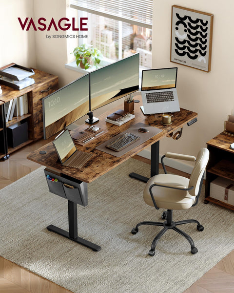 VASAGLE Electric Standing Desk, Height Adjustable Desk, 60 x 140 x (72-120) cm, 4 Memory Heights, Storage Pocket, for Home Office, Study, Rustic Brown and Ink Black LSD134K02