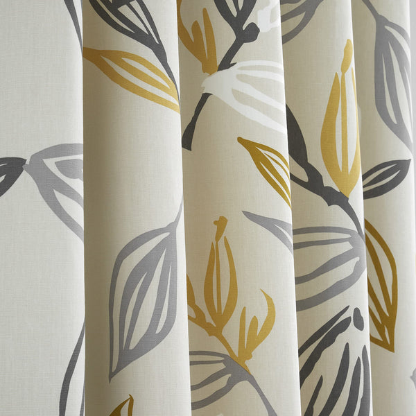 Fusion - Grey & Ochre Leaf Curtains W90 x L72" (229 x 183cm) - 2x Panels - 100% Cotton - Yellow Eyelet Curtains with Leaf Prints - Leaves Curtains &
