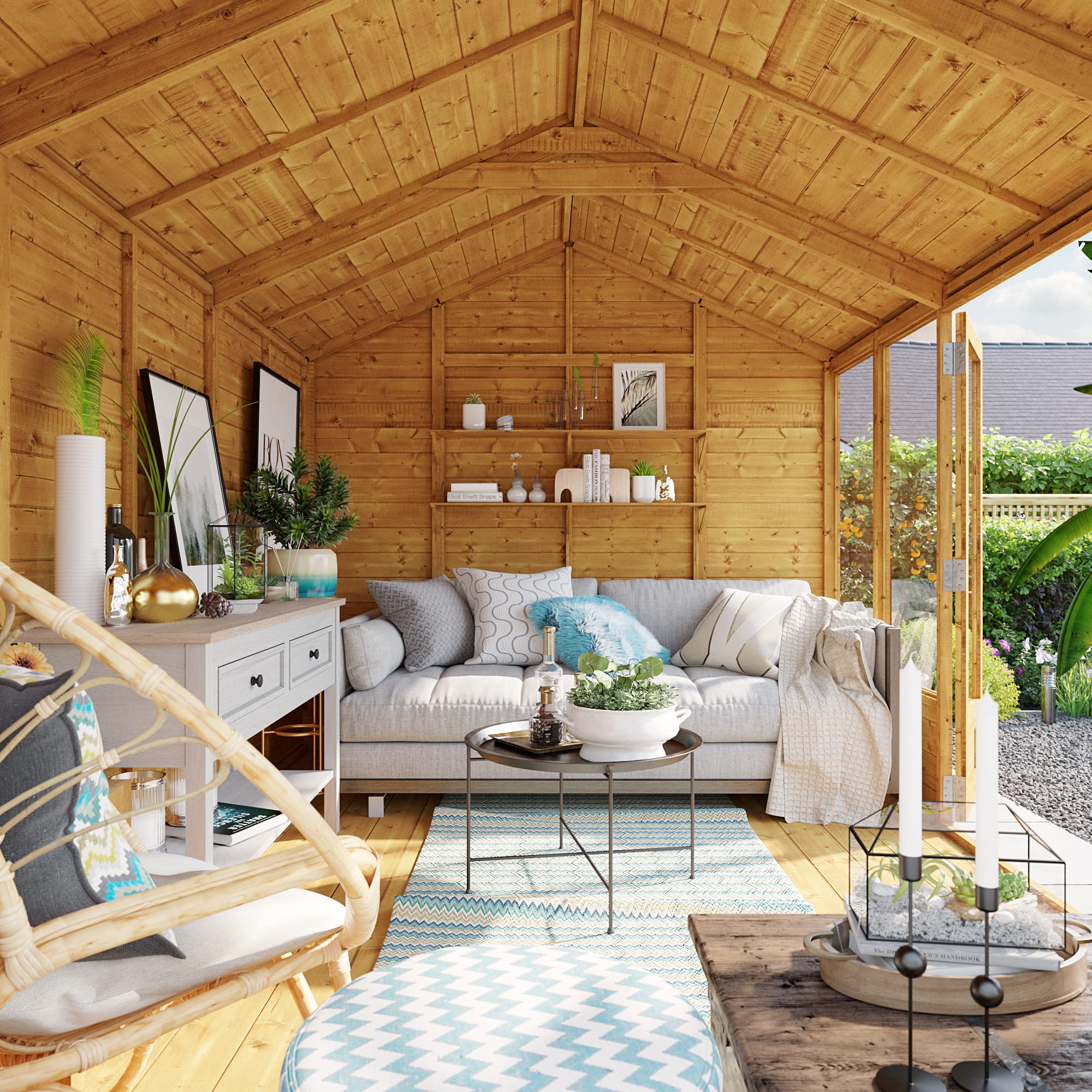 BillyOh Petra 12x10 Reverse Apex Summer House Shed, Log Cabin | Wooden Garden Room with Wide Double Doors, Tear Resistant Felt, Tongue and Groove Construction | Versatile Tiny Home or Garden Office