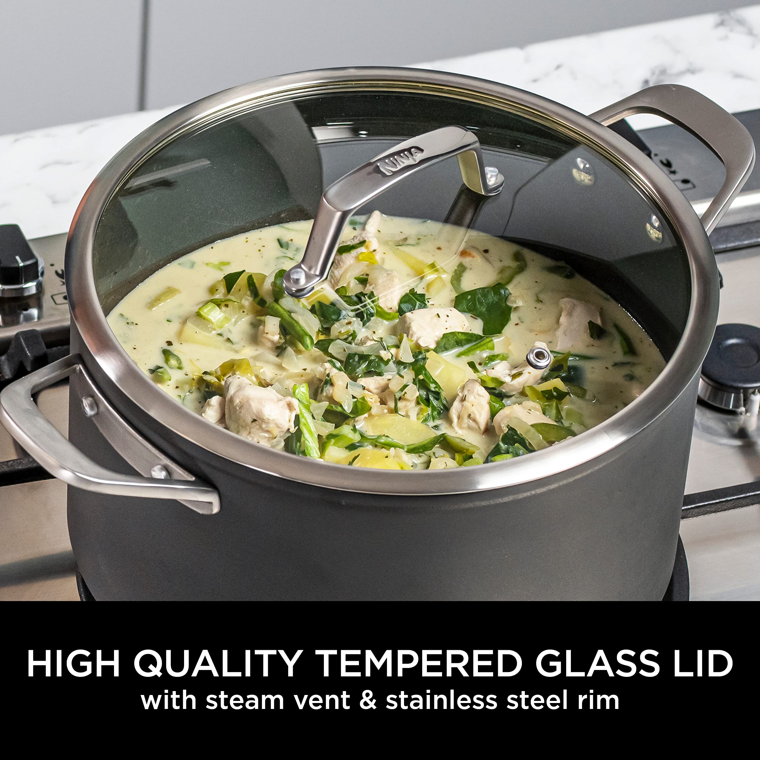 Ninja ZEROSTICK Premium 5-Piece Pan Set, Long Lasting Non-Stick, 3x Saucepans with Glass Lids, 1x Milk Pan, 1x Frying Pan, Hard Anodised Aluminium, Induction Compatible, Grey C35000UK