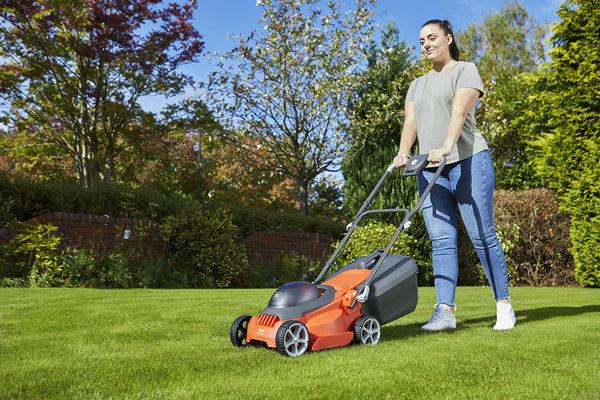 Flymo EasiStore 380R Electric Rotary Lawn Mower - 38 cm Cutting Width, 45 Litre Grass Box, Close Edge Cutting, Rear Roller, Central Height Adjust, Space Saving Storage Features