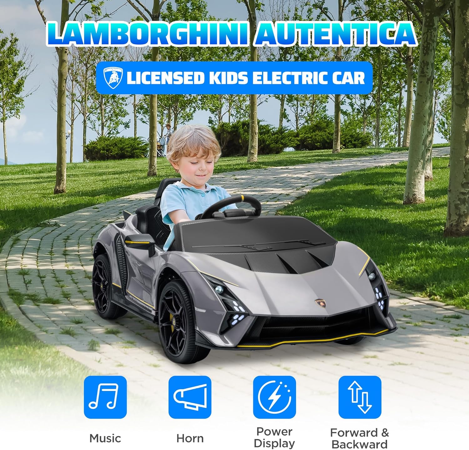 AIYAPLAY 12V Lamborghini Autentica Licensed Kids Electric Car with Butterfly Doors, Ride on Car with Remote Control, 4 Suspension Wheels, Soft Start, LED Lights, Music, Horn, Grey