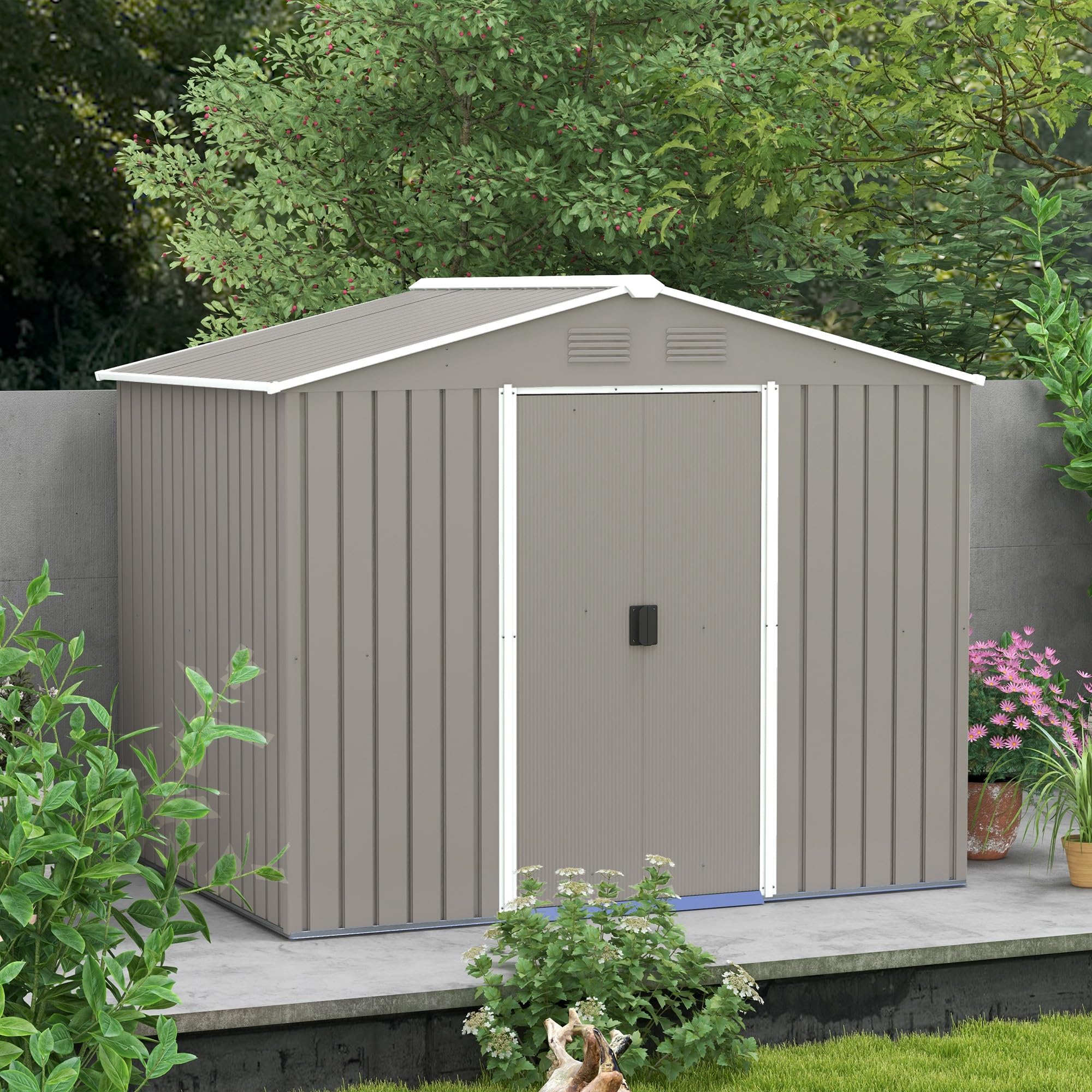 Outsunny 7.7 x 5.7ft Metal Garden Shed with Ventilation Slots and Sliding Doors, Galvanised Outdoor Tool Storage House, Grey