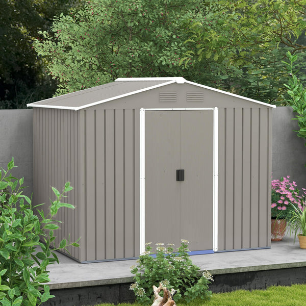 Outsunny 7.7 x 5.7ft Metal Garden Shed with Ventilation Slots and Sliding Doors, Galvanised Outdoor Tool Storage House, Grey