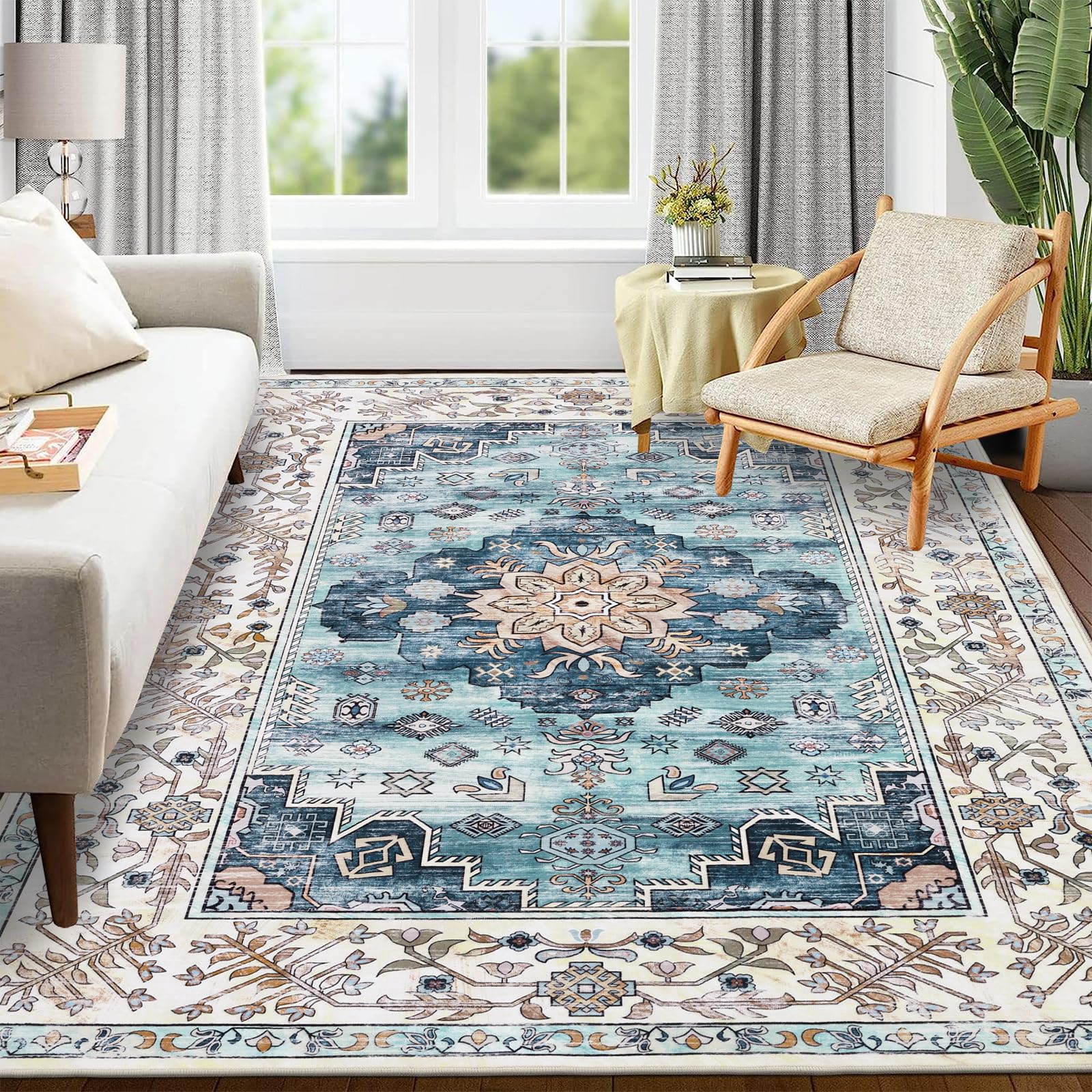 Enyhom Large Vintage Area Rug, 120 x 180 cm Non-Shedding Print Floor Carpet Machine Washable Rugs for Living Room Non Slip Traditional Boho Floor