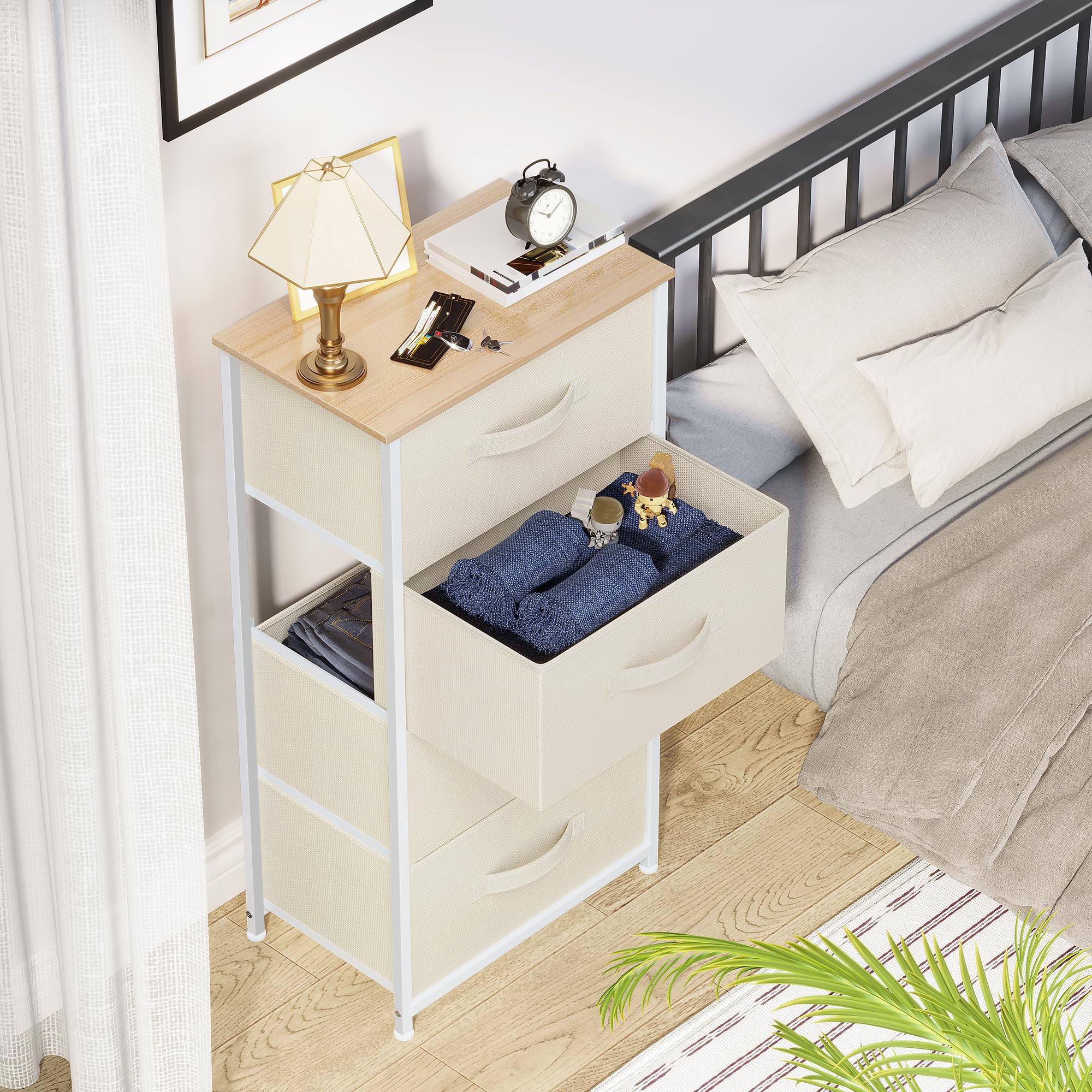 YITAHOME Chest of Drawer with 4 Drawers for Bedroom Fabric Dresser Storage Drawers With Handles Metal Frame for Living Room, Hallway,Cream White