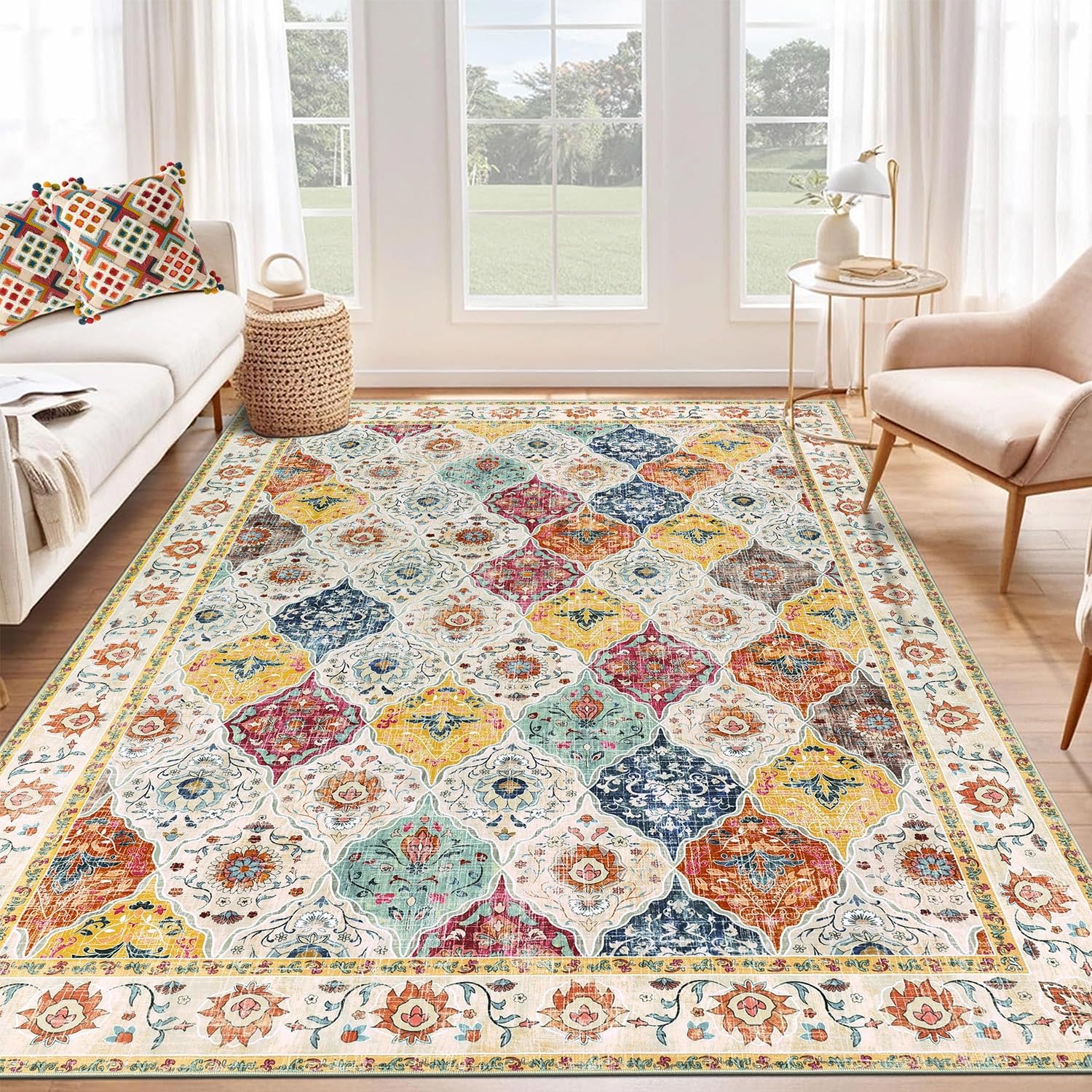 SHACOS Vintage Washable Area Rug for Living Room 160 x 230 cm Large Rug Soft Non Slip Distressed Floral Boho Rug Accent Throw Rugs Short Pile Floor