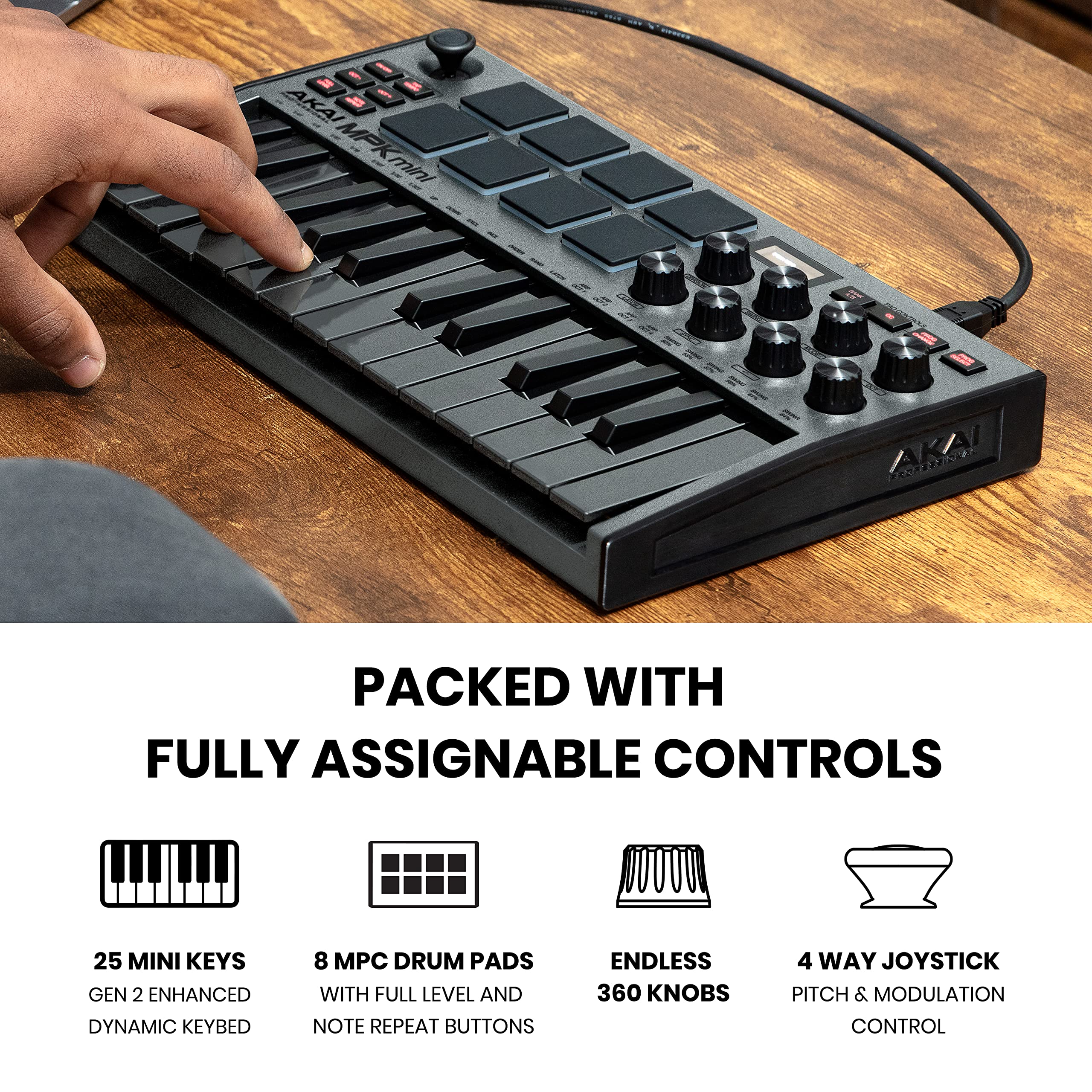 Akai Professional MPK Mini MK3 - 25 Key USB MIDI Keyboard Controller with 8 Backlit Drum Pads, 8 Knobs and Music Production Software and Native Instruments Sound Package (NKS Integration)