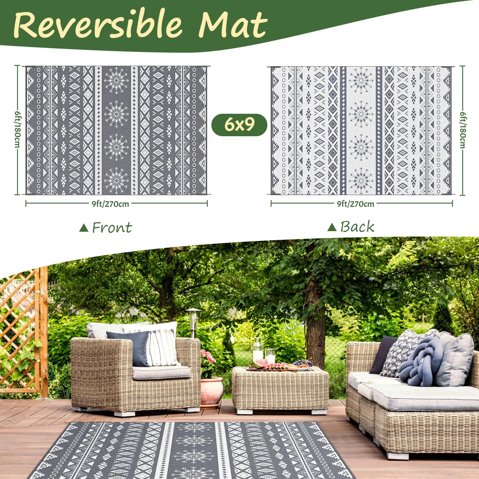 MOKANI Large Outdoor Rug for Patio Waterproof, Reversible Garden Rugs 180x270 cm, Plastic Carpet, Lightweight Foldable Boho Area Mats, UV Resistant