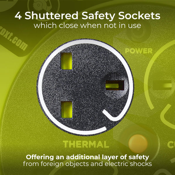 Masterplug Pro-XT Four Socket Open Cable Reel Extension Lead with Winding Handle, Thermal Cut Out and Power Switch, 25 Metres High Visibility Cable , Green