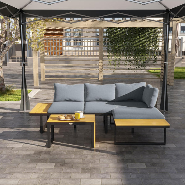 Outsunny 3 Pieces Patio Furniture Set, Outdoor Garden Sofa Conversation Set w/Padded Cushions, Wood Grain Plastic Top Table and Side Panel, Dark Grey