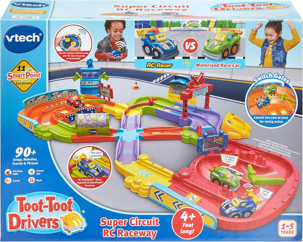 VTech Toot-Toot Drivers Super Circuit RC Raceway, Toy Car Playset with 2 Vehicles Included, 3 Exciting Crash Zones, Songs & Fun Phrases, Interactive Toddler Toy 12 Months, 2, 3, 4 +, English Version
