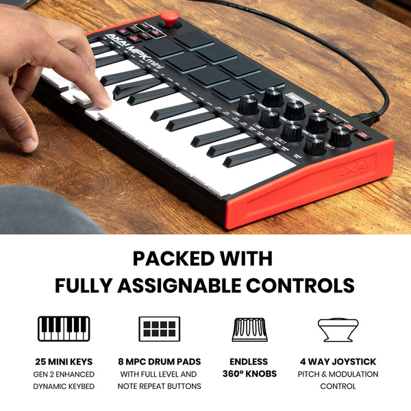 Akai Professional MPK Mini MK3 - 25 Key USB MIDI Keyboard Controller with 8 Backlit Drum Pads, 8 Knobs and Music Production Software and Native Instruments Sound Package (NKS Integration)