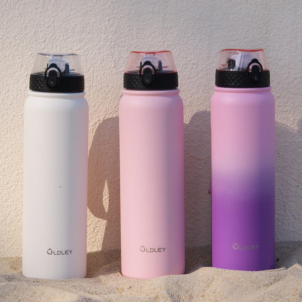 OLDLEY Stainless Steel Water Bottle with Straw 1L Vaccum Insulated Large Drink Flask Metal Water Bottles 1 Litre Leakproof Keep Drinks Hot Cold for Sports Gym with Different Lids(Purple Green, 3 Lids)