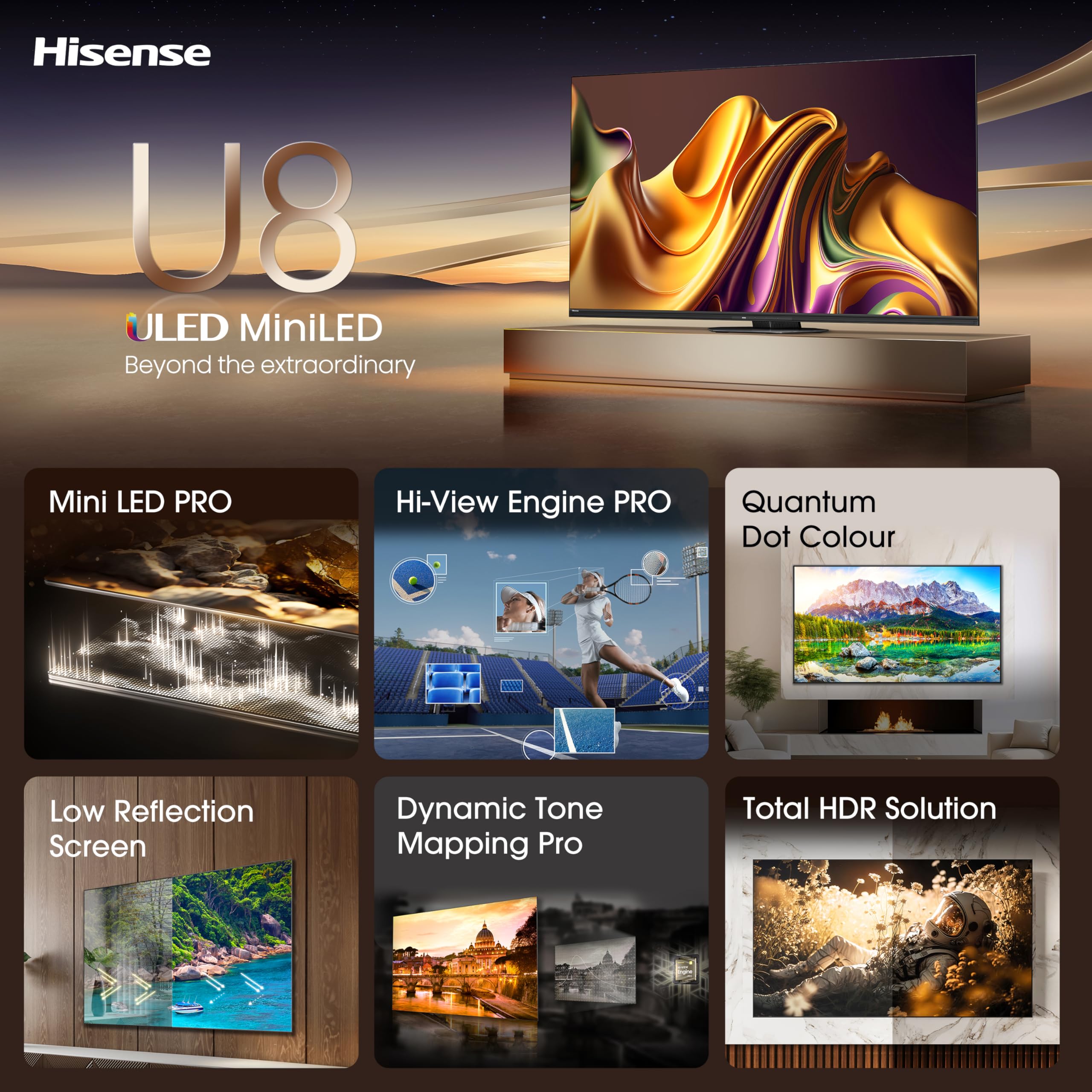 Hisense 55 Inch 4K Mini-LED TV 55U6NQTUK - Quantum Dot Colour, Dolby Vision Atmos, Hi-View Engine, FilmMaker Mode, Vidaa OS with Voice Control, Freely, Youtube, Netflix and Disney+ (2024 Model)
