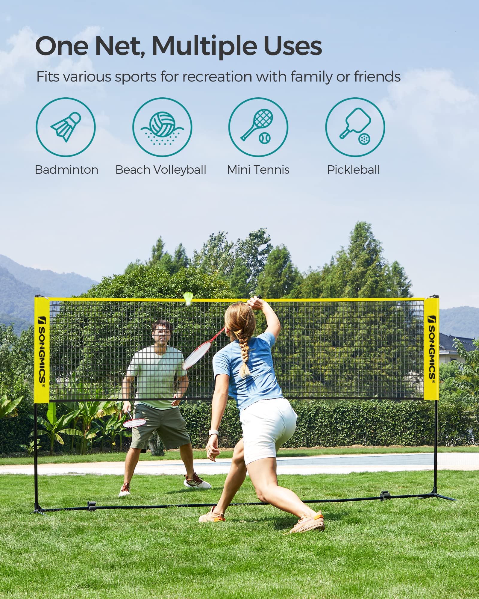 SONGMICS 3 m Badminton Net, Volleyball Net, Adjustable Poles Height, Portable Set for Tennis