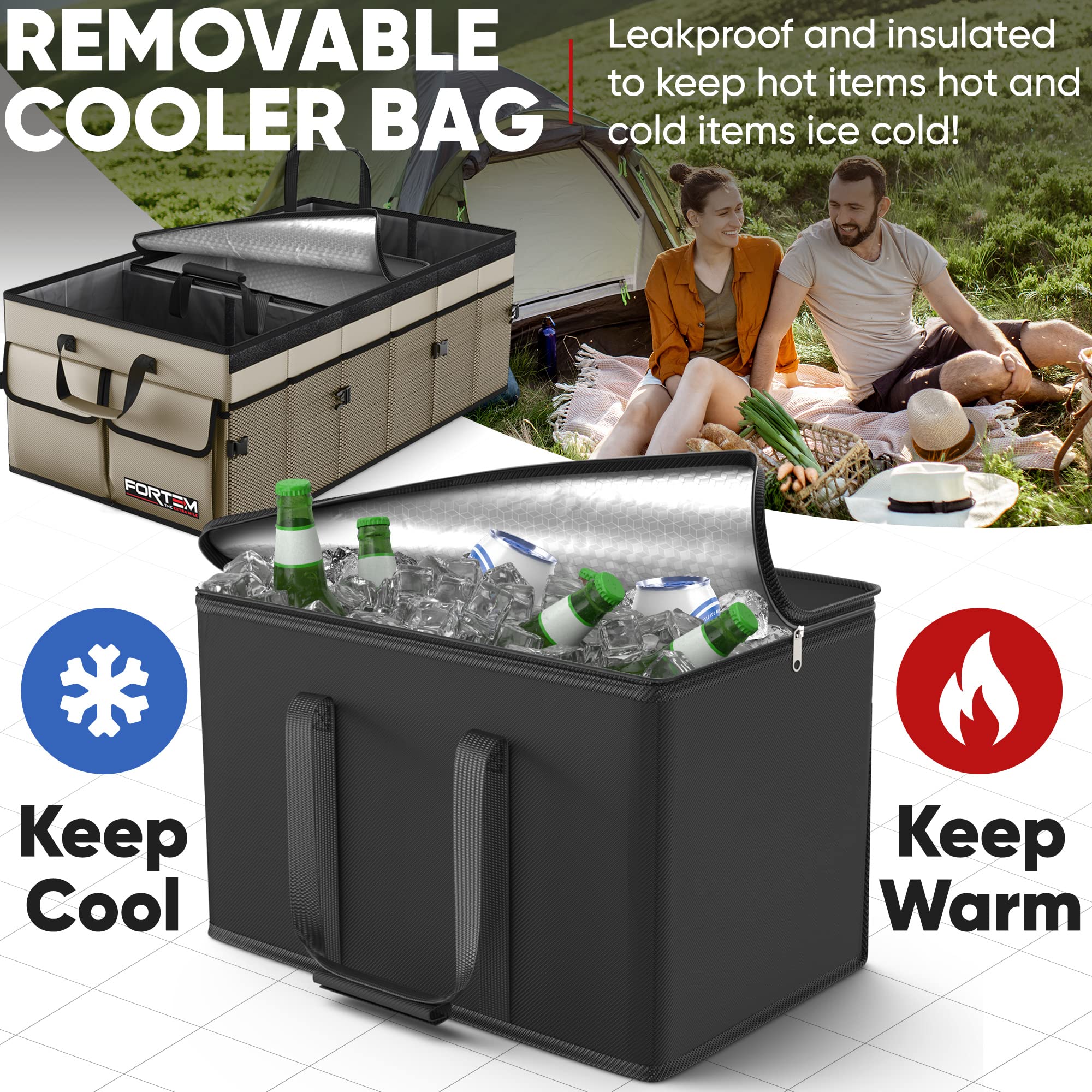 FORTEM Car Boot Organiser, Collapsible Multi Compartment SUV Organizer, Foldable Storage for Car Accessories for Women Men, 600D Oxford, Non Slip Bottom, Securing Straps, Soft Cover (50L)