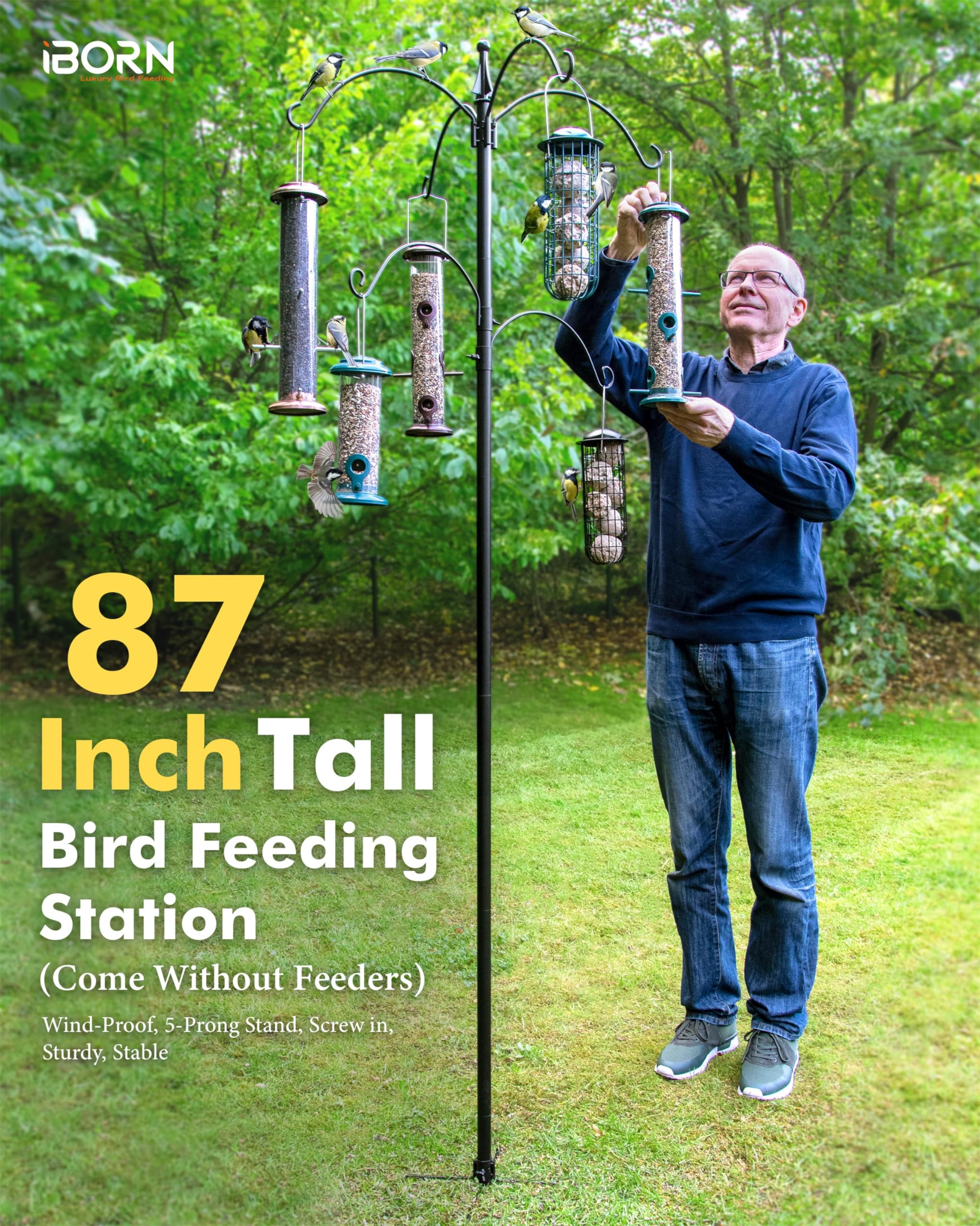 iBorn Bird Feeders Hanging Station 87Inch Wild Bird Feeding Stand Heavy Duty For Feeders Hanging, 1 Inch Thickness Pole With 6-Hooks, 5-Prong Pole
