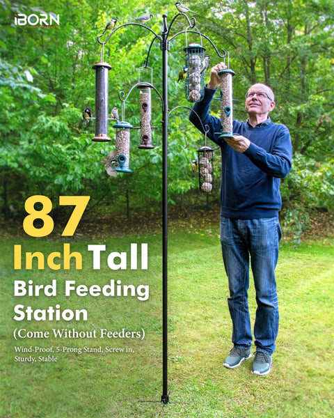 iBorn Bird Feeders Hanging Station 87Inch Wild Bird Feeding Stand Heavy Duty For Feeders Hanging, 1 Inch Thickness Pole With 6-Hooks, 5-Prong Pole