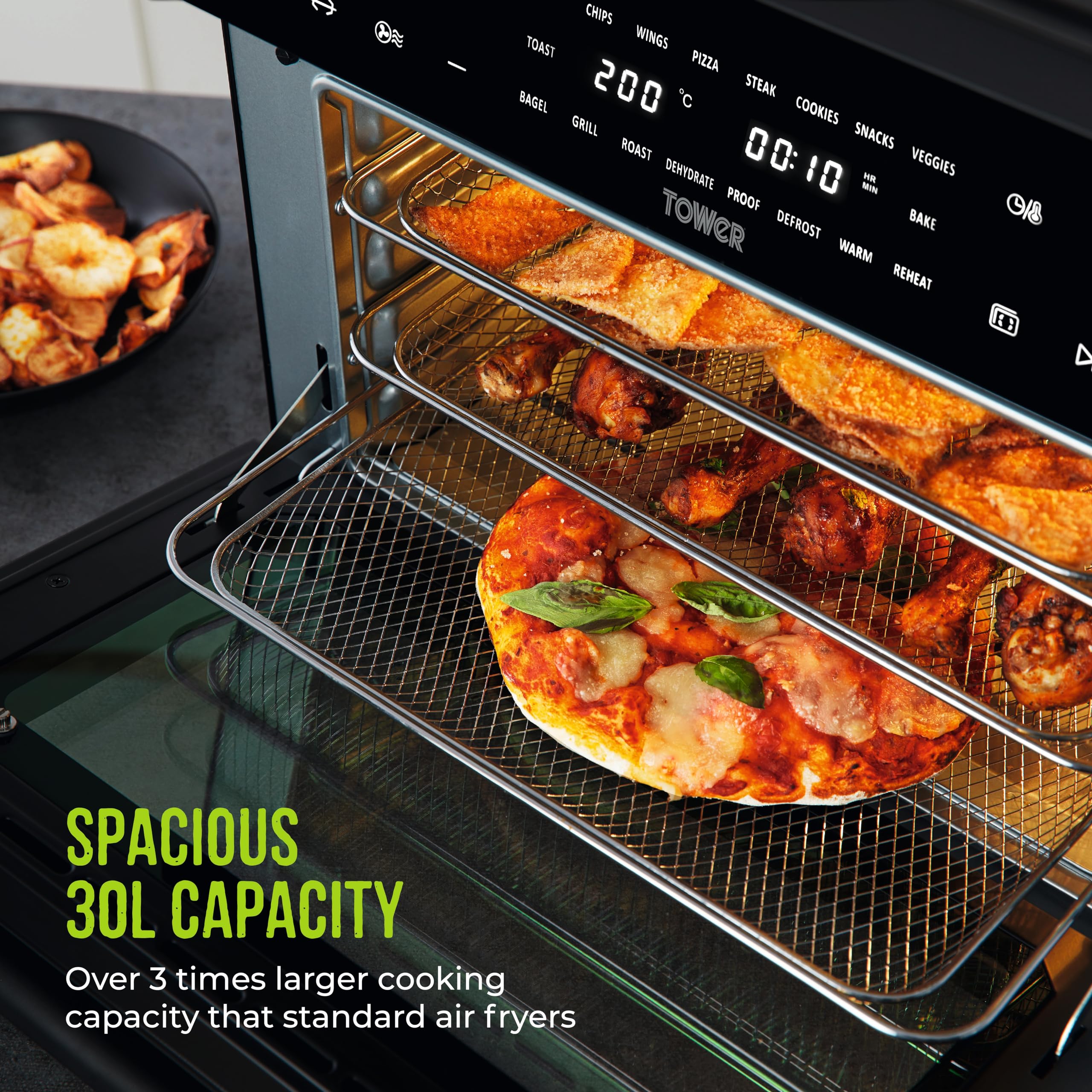 Tower T17122 Vortx Platinum Xpress Digital 30L Air Fryer Oven with Vizion Viewing Window, 18 Cooking Options, 2 Hour Timer, 1800W, Black