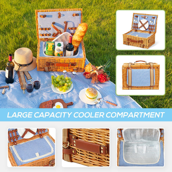 DHAEE Wicker Picnic Basket Set for 2 Person with Cooler Compartment and Waterproof Picnic Blanket,Removable Strap,Cutlery Set,for Camping,Day