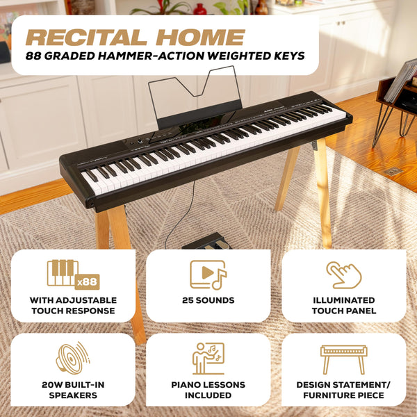 Alesis Recital Home Digital Piano with 88 Hammer Action Weighted Keys, Stand, Pedals and Lessons, Turquoise
